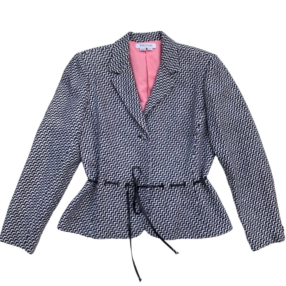Kay Unger Black & Gray Wool Tweed Peplum Belted Blazer Women’s 12 EUC